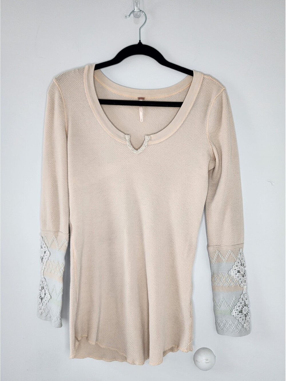 Free People Beige Long Sleeve Thermal Top with Light Gray Blue Crochet Detail